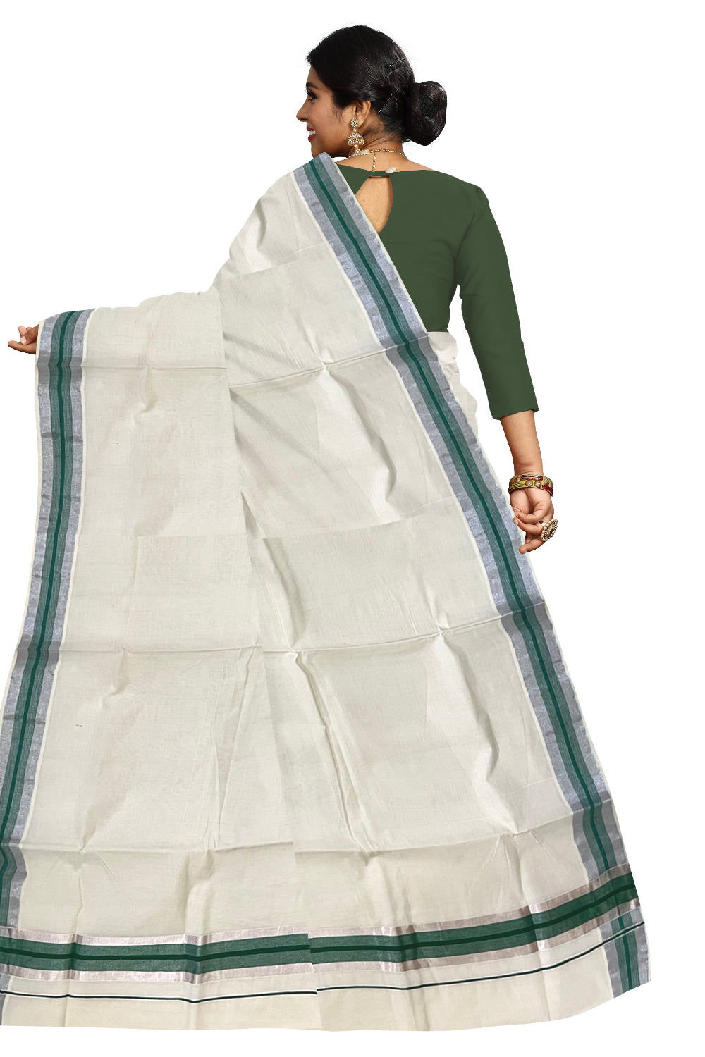 Pure Cotton Kerala Saree with Silver Kasavu and Green Border