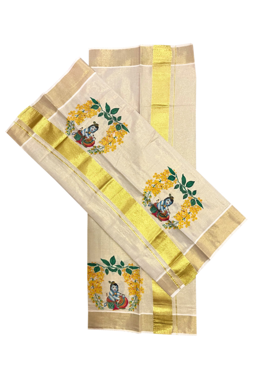 Kerala Tissue Kasavu Set Mundu (Mundum Neriyathum) with Baby Krishna Mural Printed Design