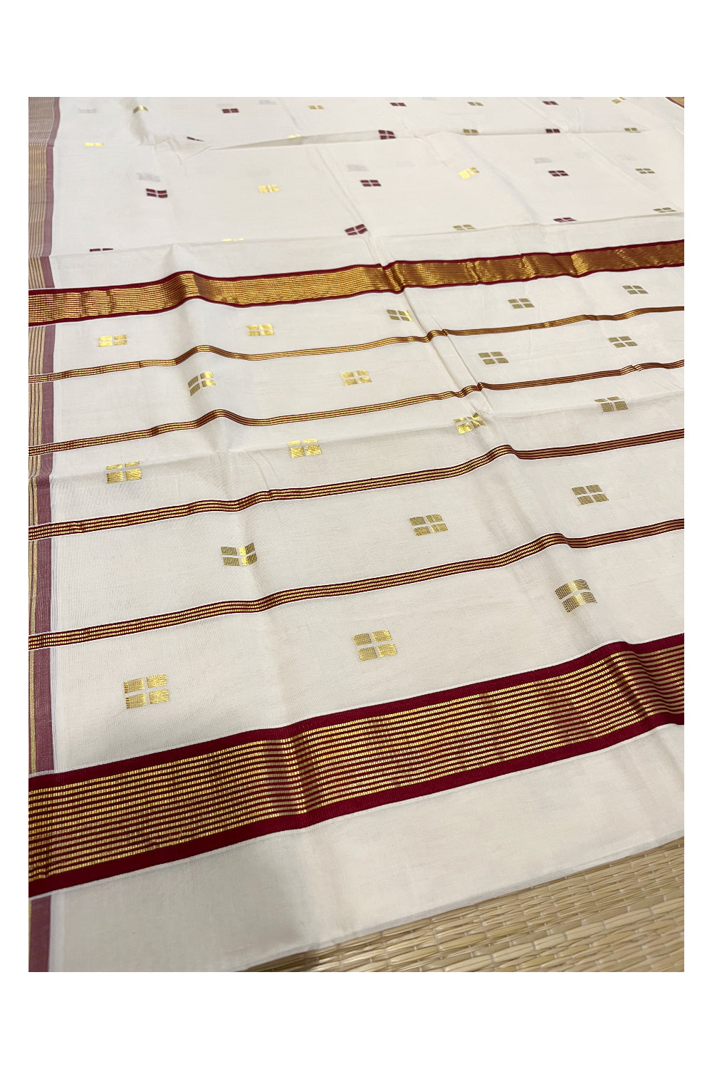 Southloom Premium Handloom Kerala Saree Marooon and Kasavu Lines with Golden Small Woven Works on Body