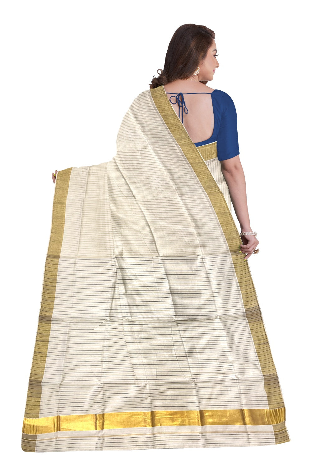 Pure Cotton Kerala Kasavu and Black Lines Design Saree with Tassels Work (Onam Saree 2023)