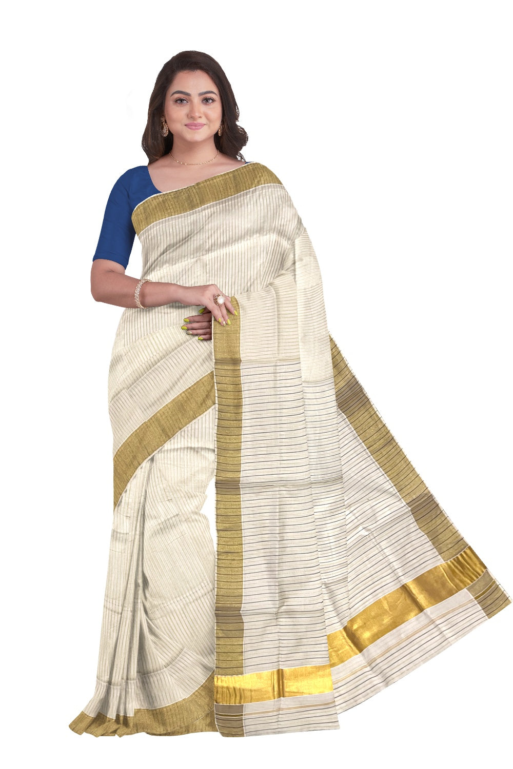 Pure Cotton Kerala Kasavu and Black Lines Design Saree with Tassels Work (Onam Saree 2023)