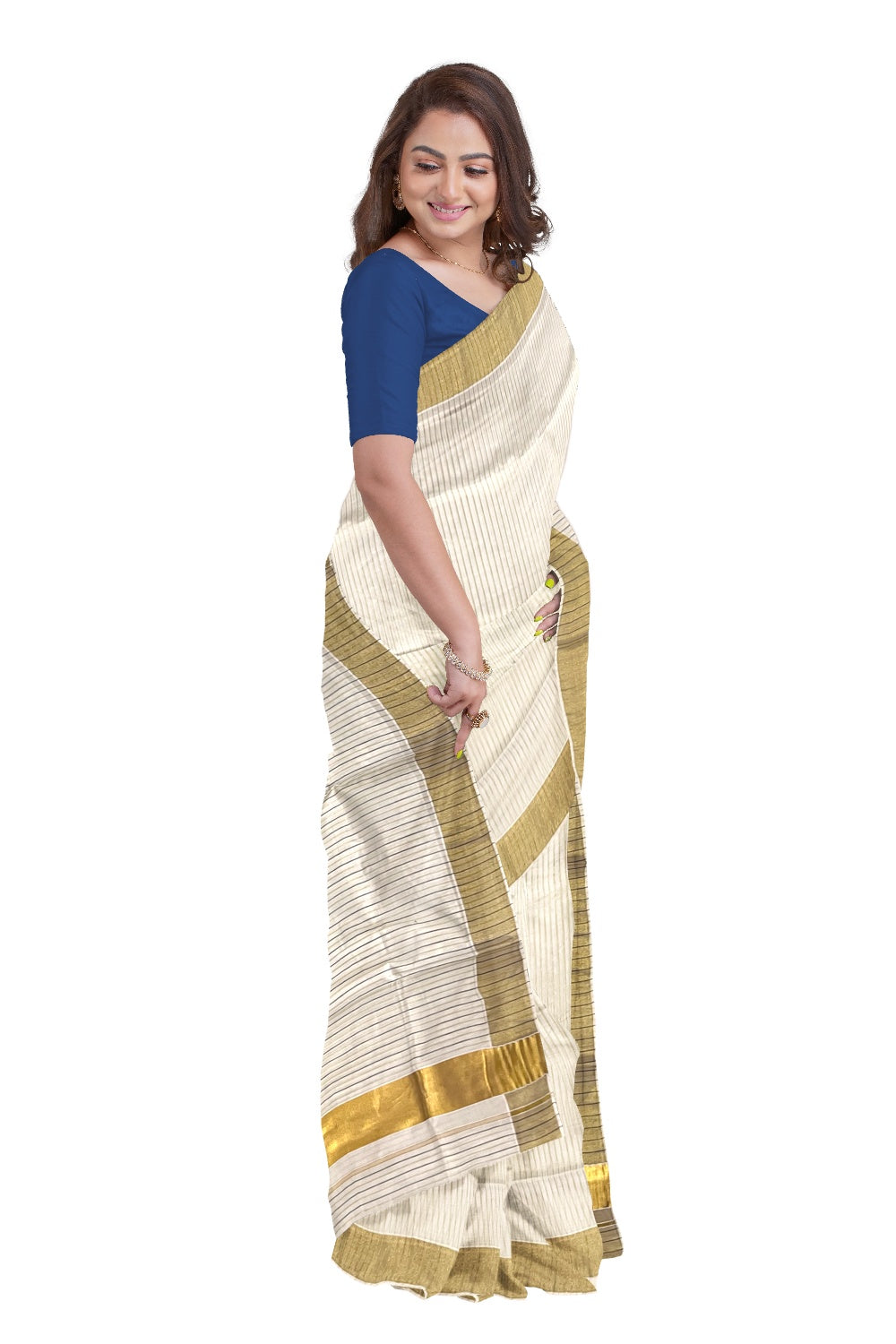 Pure Cotton Kerala Kasavu and Black Lines Design Saree with Tassels Work (Onam Saree 2023)