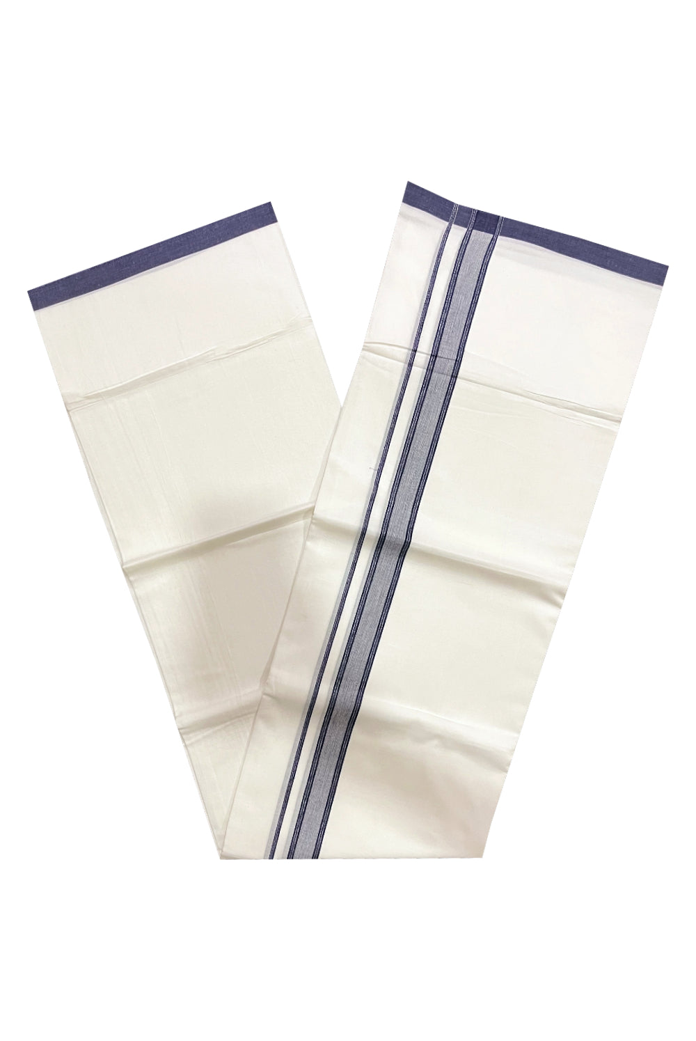 Pure White Cotton Double Mundu with Navy Blue Border (South Indian Kerala Dhoti)