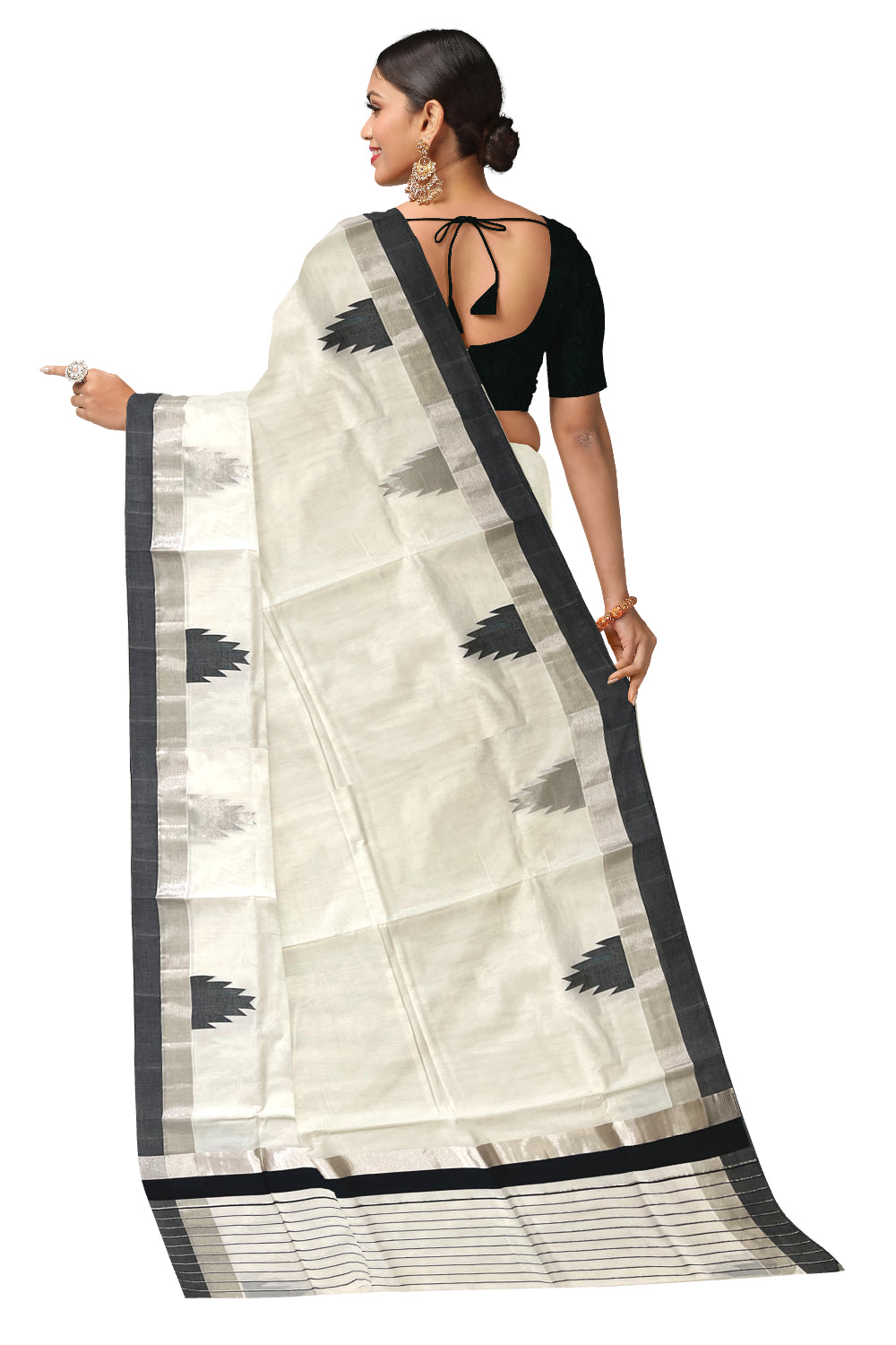 Southloom™ Premium Handloom Kerala Saree with Silver Kasavu and Black Temple Border