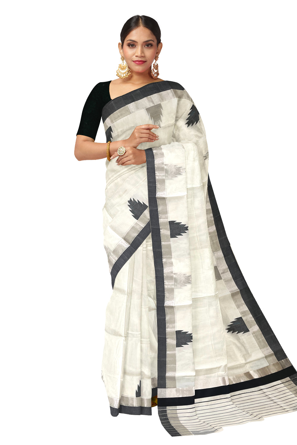 Southloom™ Premium Handloom Kerala Saree with Silver Kasavu and Black Temple Border