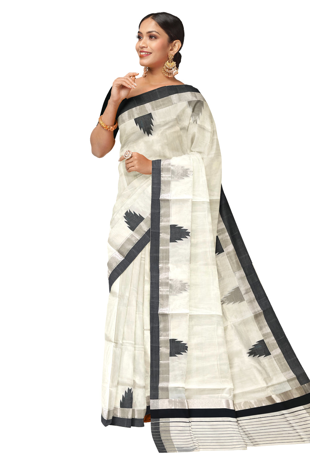 Southloom™ Premium Handloom Kerala Saree with Silver Kasavu and Black Temple Border