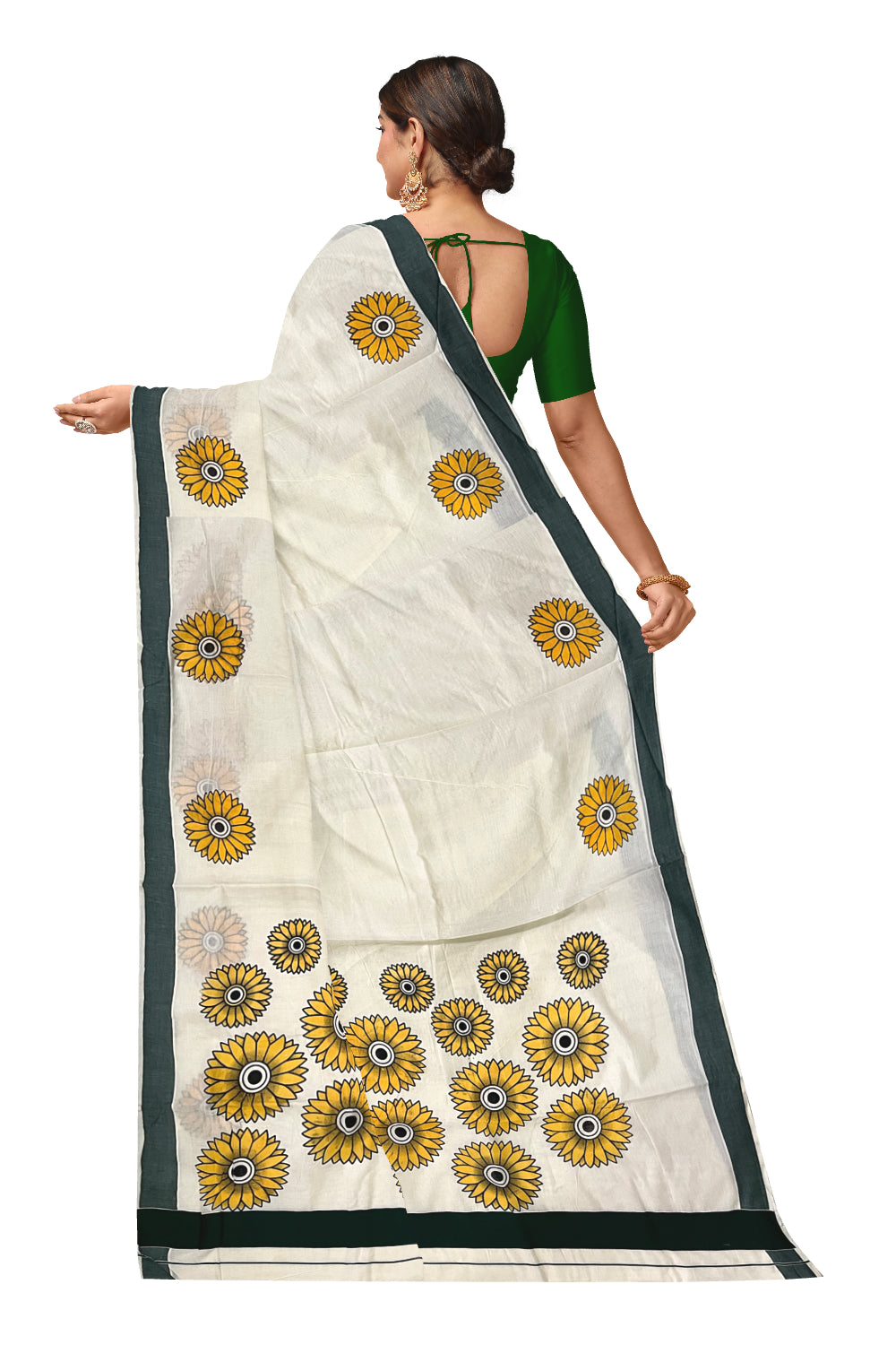 Kerala Cotton Saree with Sunflower Prints on Body and Dark Green Border