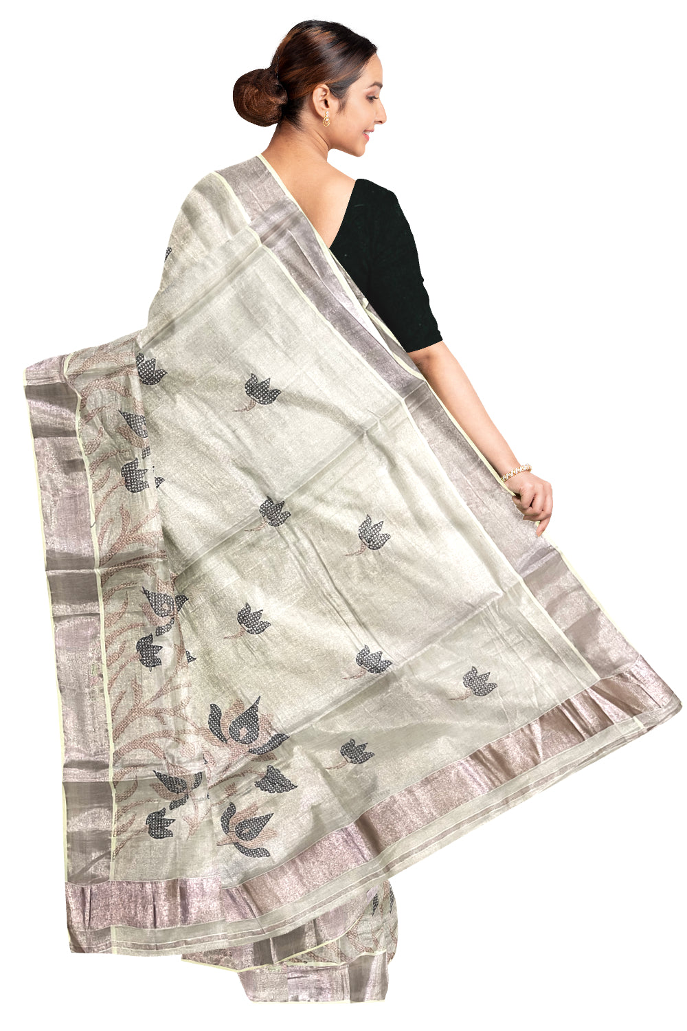 Kerala Rose Copper Tissue Kasavu Saree with Black Embroidery Works on Body