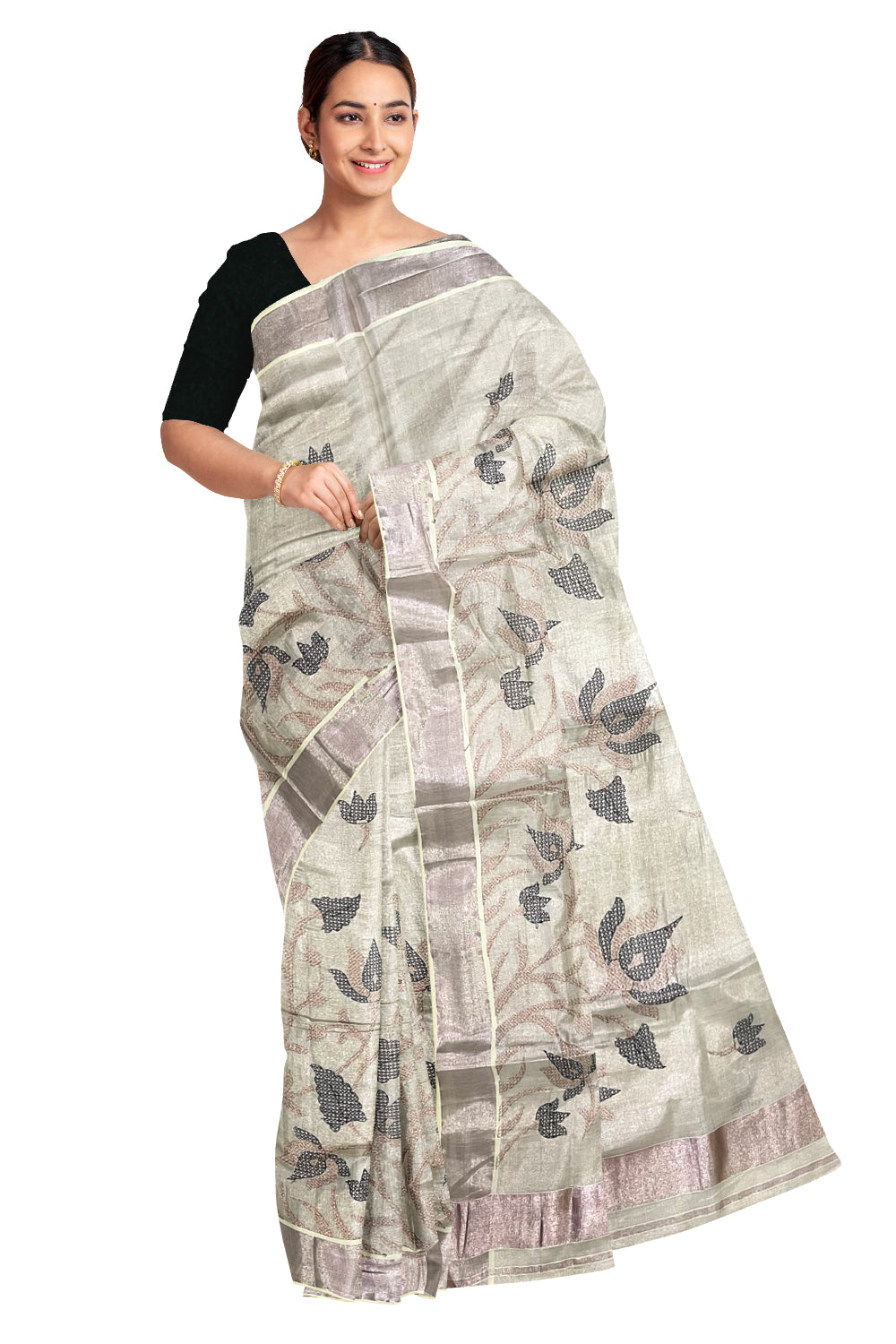 Kerala Rose Copper Tissue Kasavu Saree with Black Embroidery Works on Body