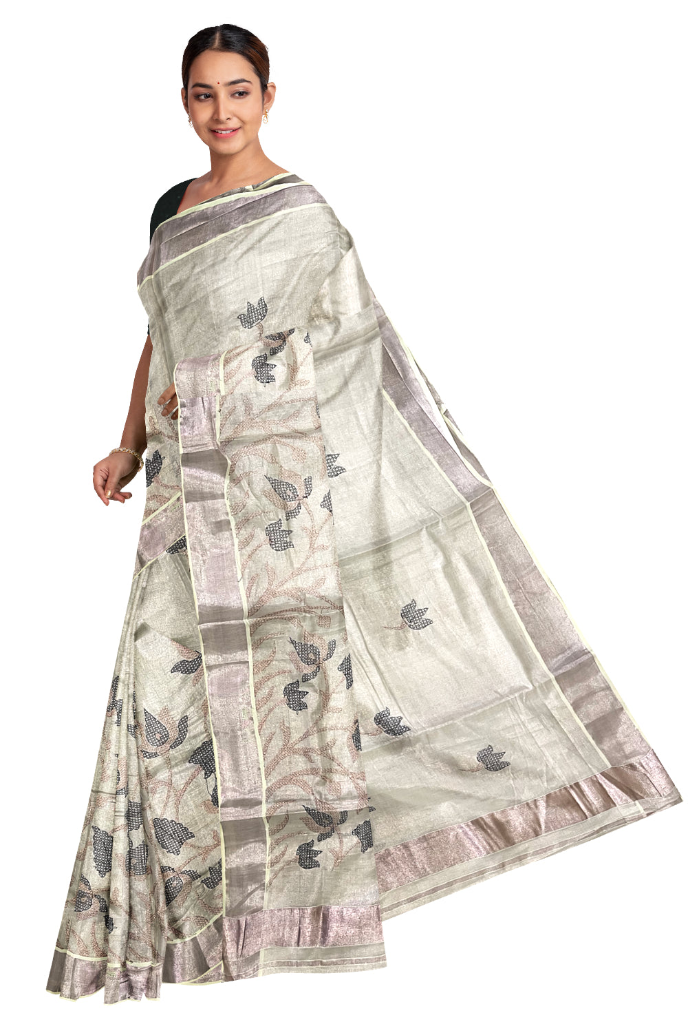 Kerala Rose Copper Tissue Kasavu Saree with Black Embroidery Works on Body