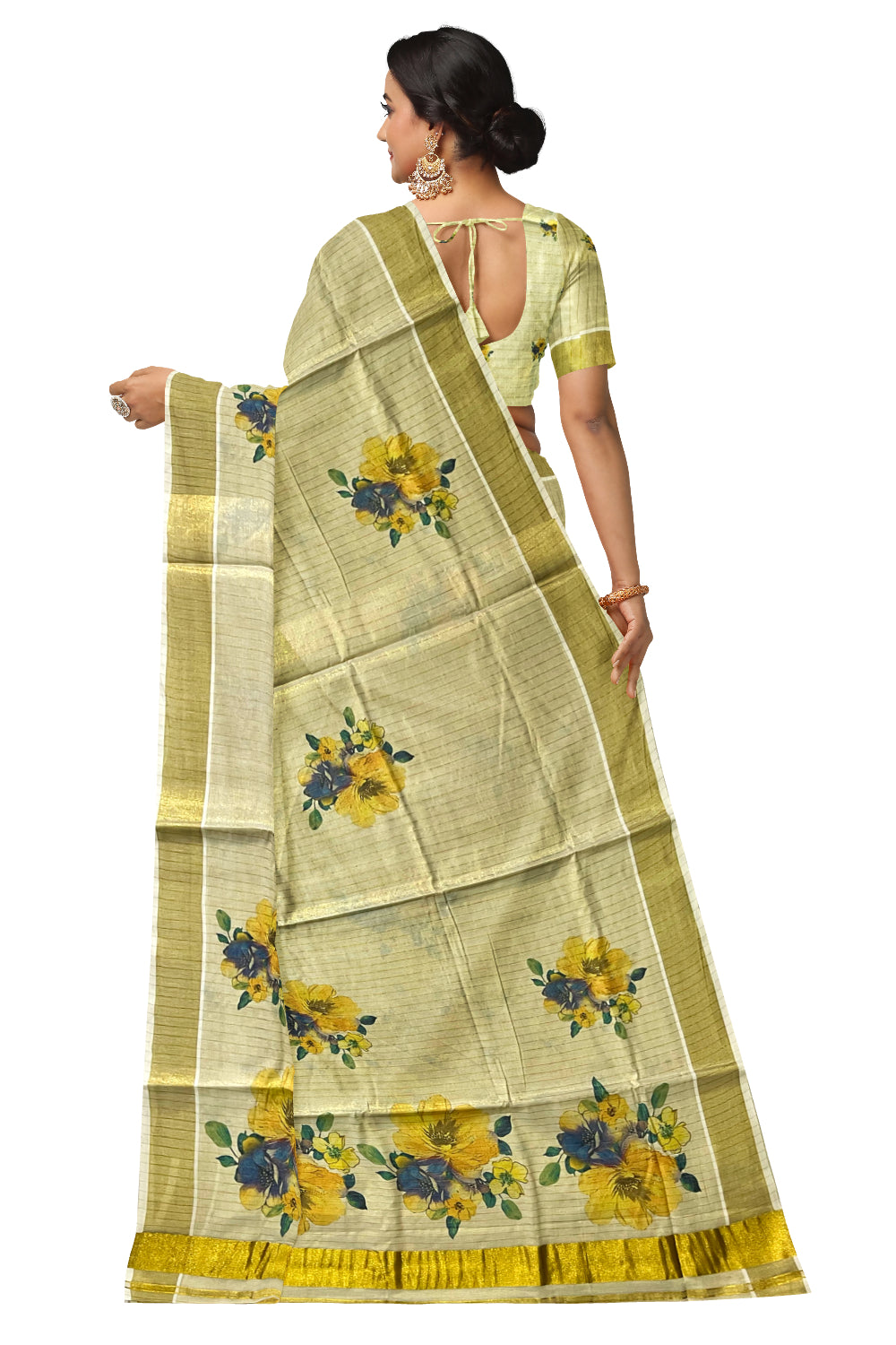 Kerala Tissue Kasavu Lines Design Saree with Floral Mural Prints on Body