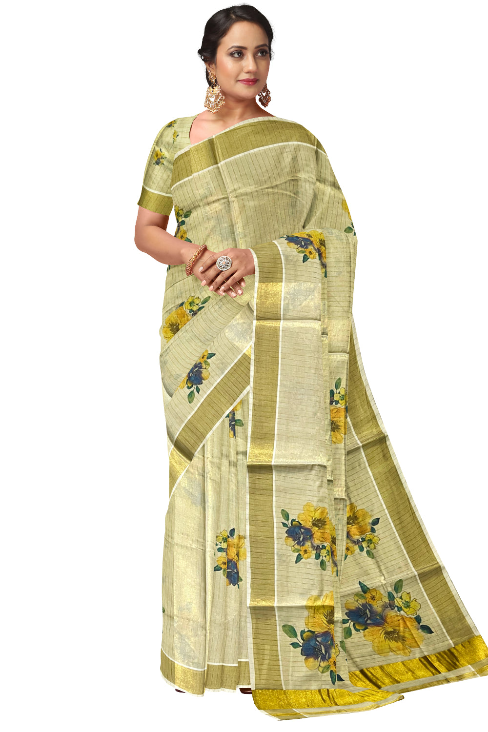 Kerala Tissue Kasavu Lines Design Saree with Floral Mural Prints on Body