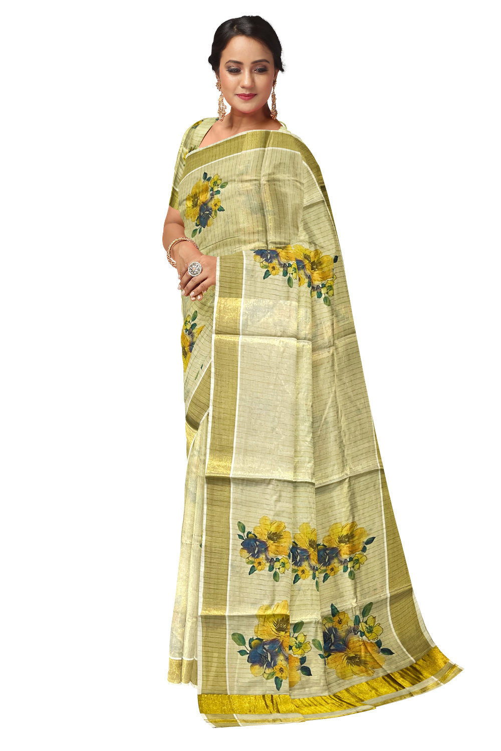 Kerala Tissue Kasavu Lines Design Saree with Floral Mural Prints on Body