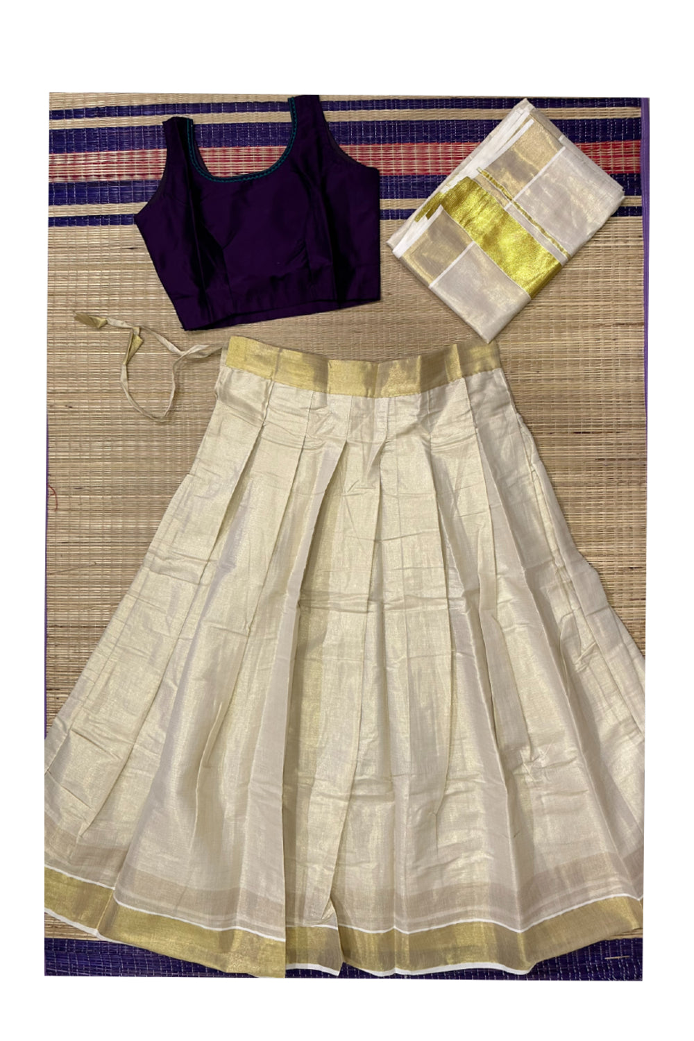 Stitched Dhavani Set with Tissue Pavada and Dark Violet Readymade Blouse