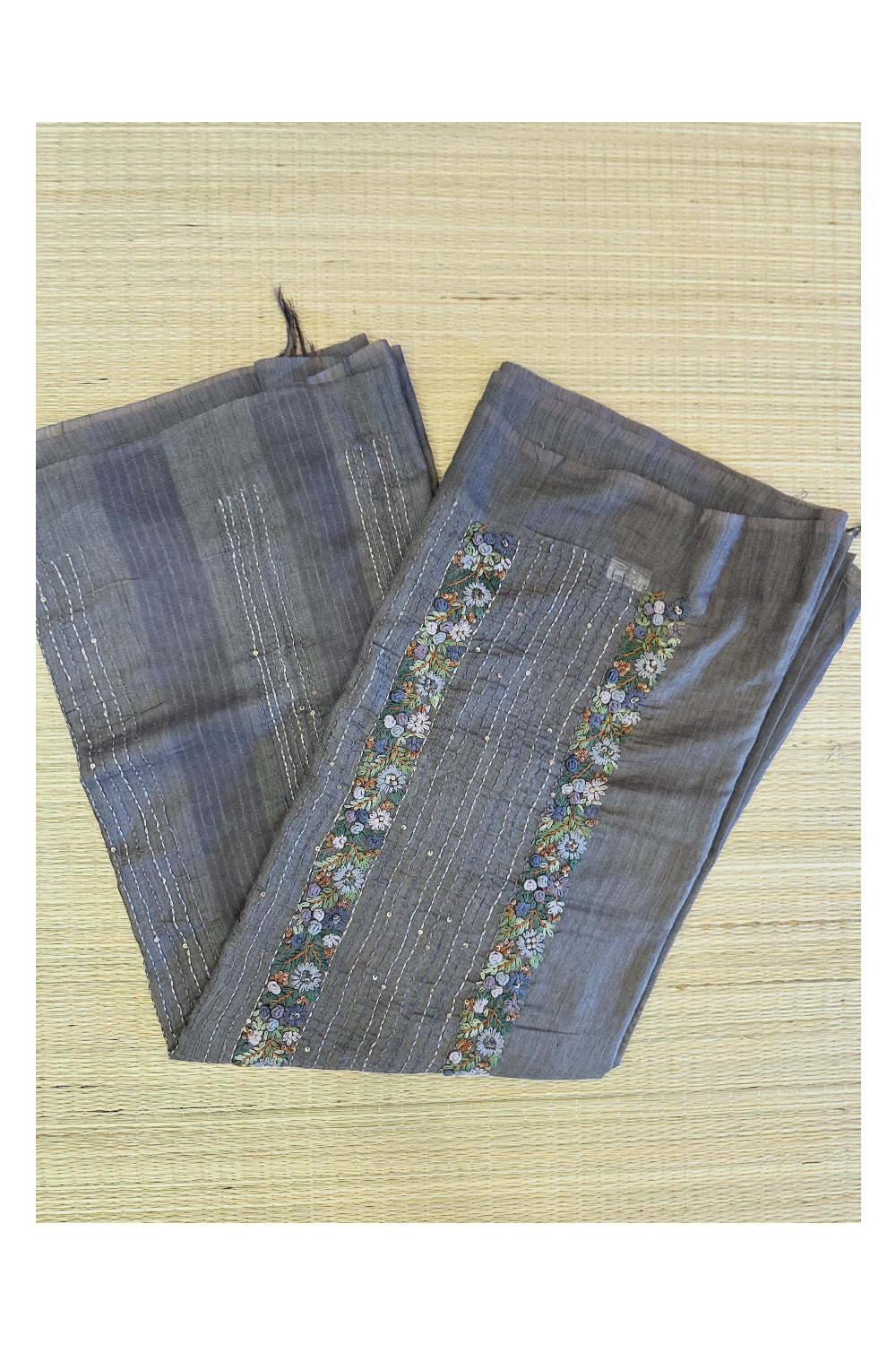 Southloom Dark Grey Linen Saree with Floral Hand Embroidered works