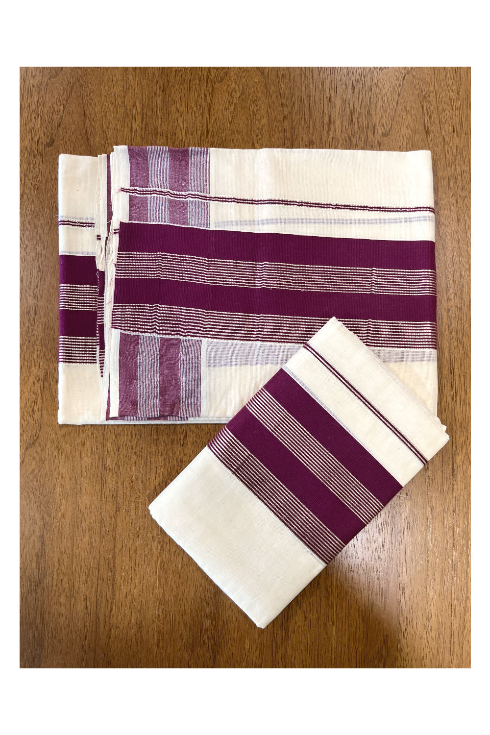 Cotton Set Mundu (Mundum Neriyathum) with Purple and Silver Line Kasavu on Border 2.80 Mtrs