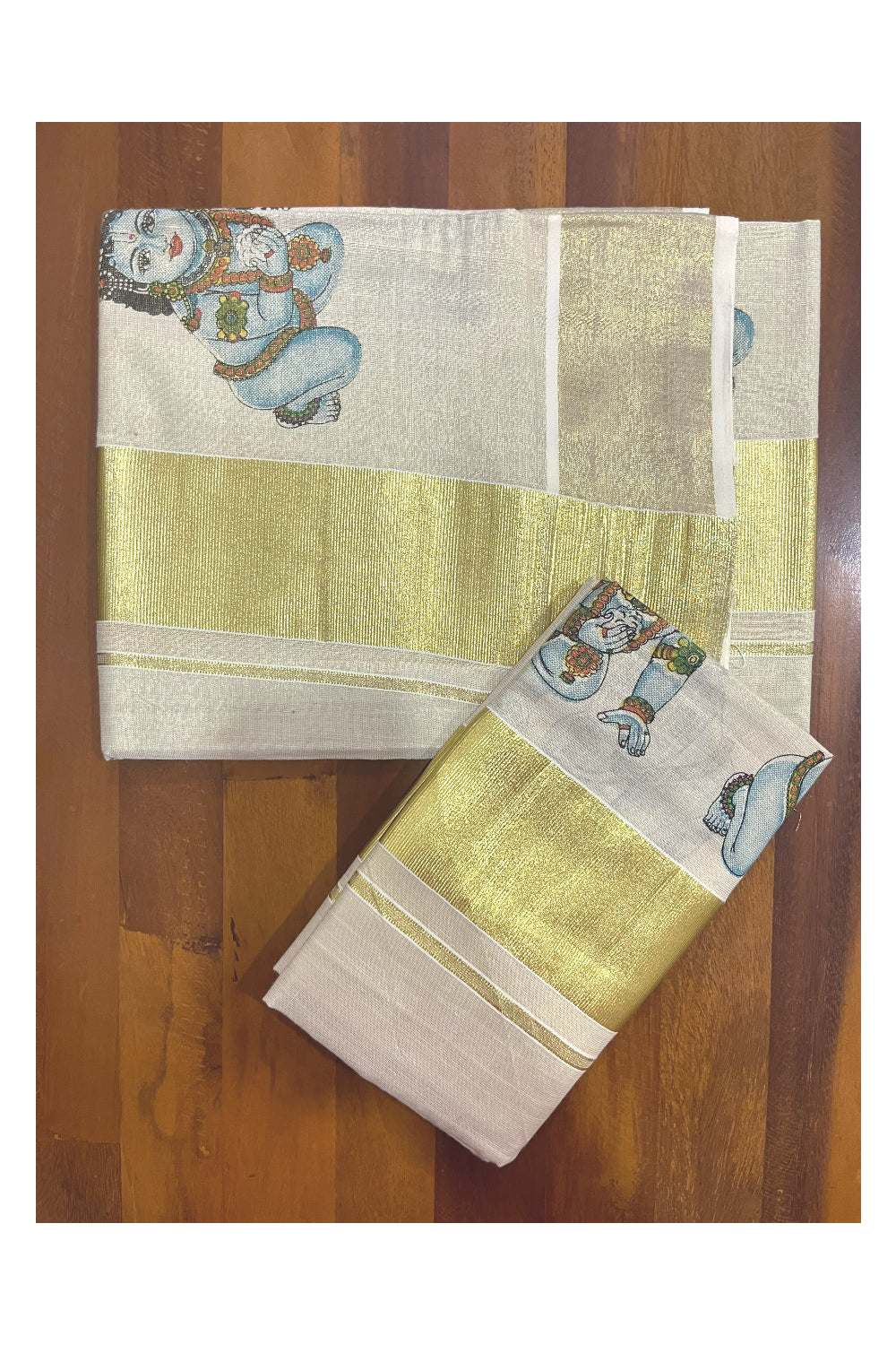 Kerala Tissue Kasavu Set Mundu (Mundum Neriyathum) with Baby Krishna Mural Printed Design (Onam Set Mundu 2023)