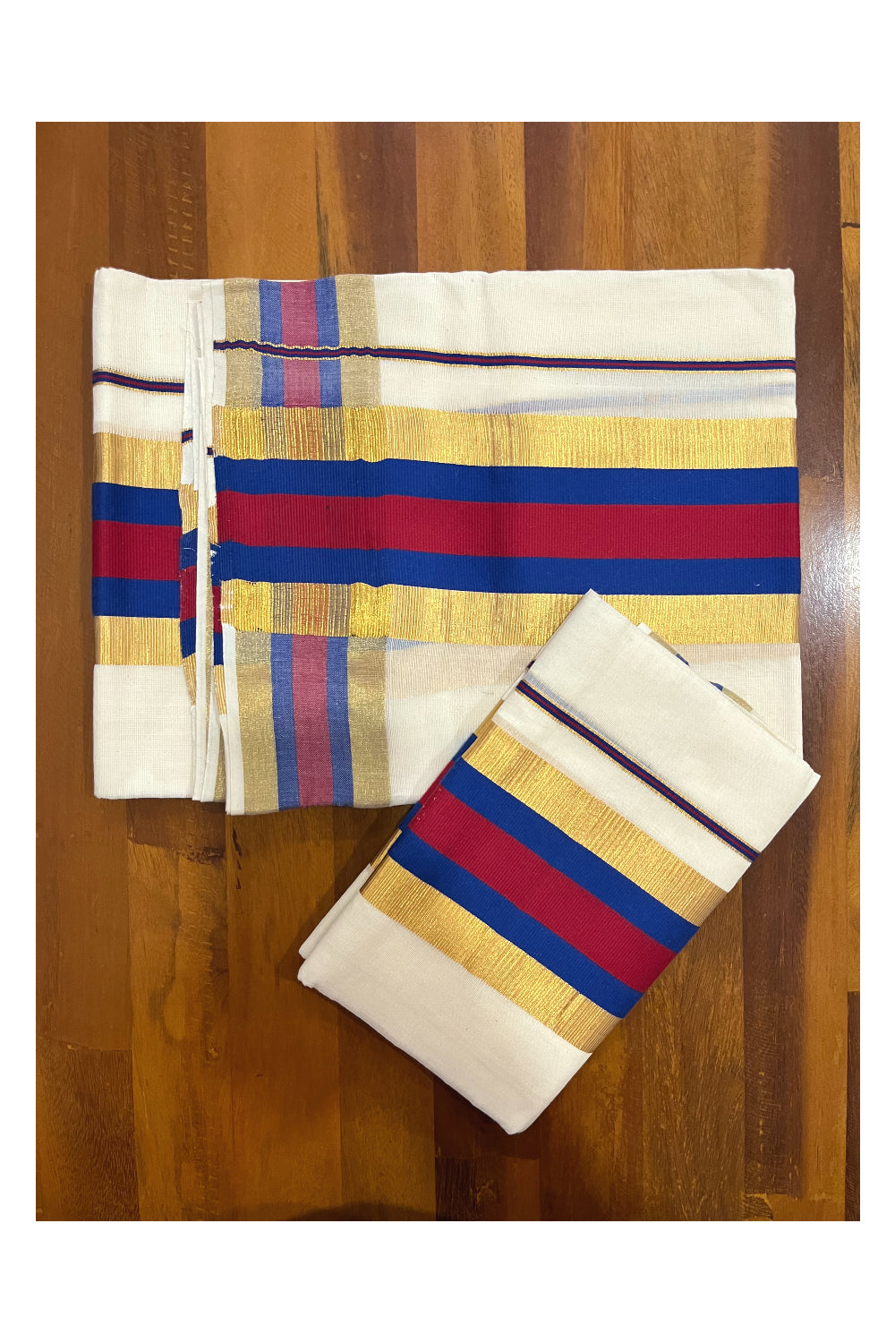 Kerala Cotton Mundum Neriyathum Single (Set Mundu) with Maroon Blue and Kasavu Border