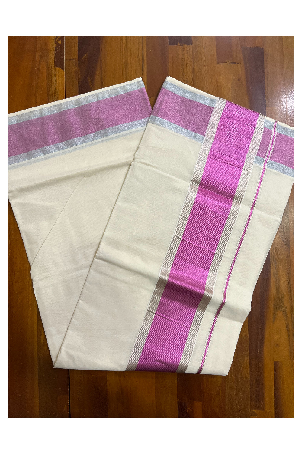 Pure Cotton Kerala Kasavu Plain Saree with Magenta and Silver Kasavu Border