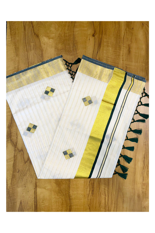 Kerala Cotton Kasavu Lines Saree with Green and Golden Diagonal Embroidery Work