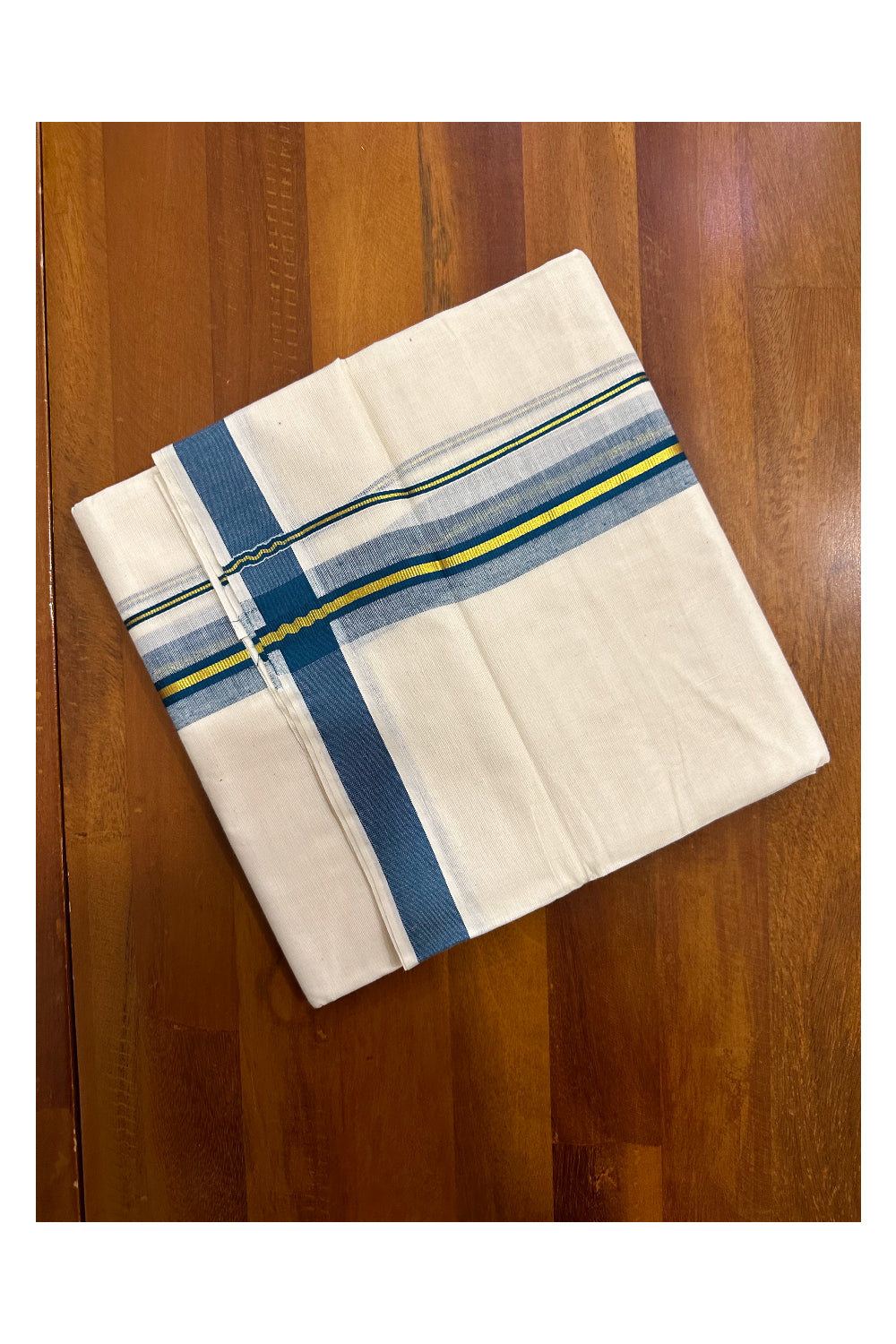 Kerala Cotton Double Mundu with Blue and Kasavu Border (Onam Mundu 2023)