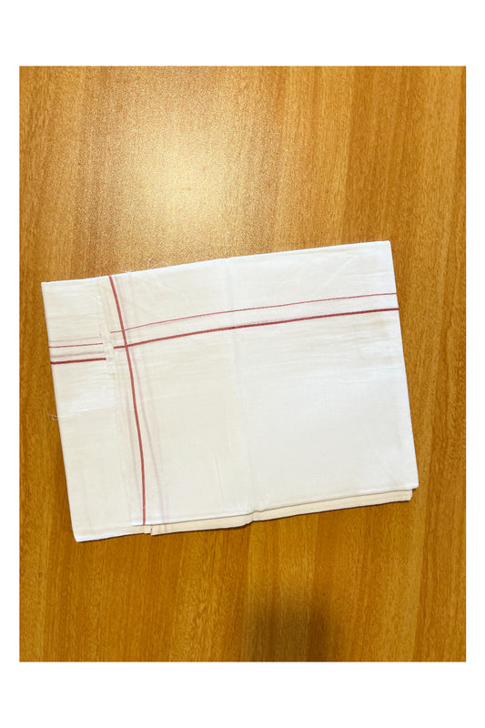 Pure White Cotton Double Mundu with Brick Red Border (South Indian Dhoti)