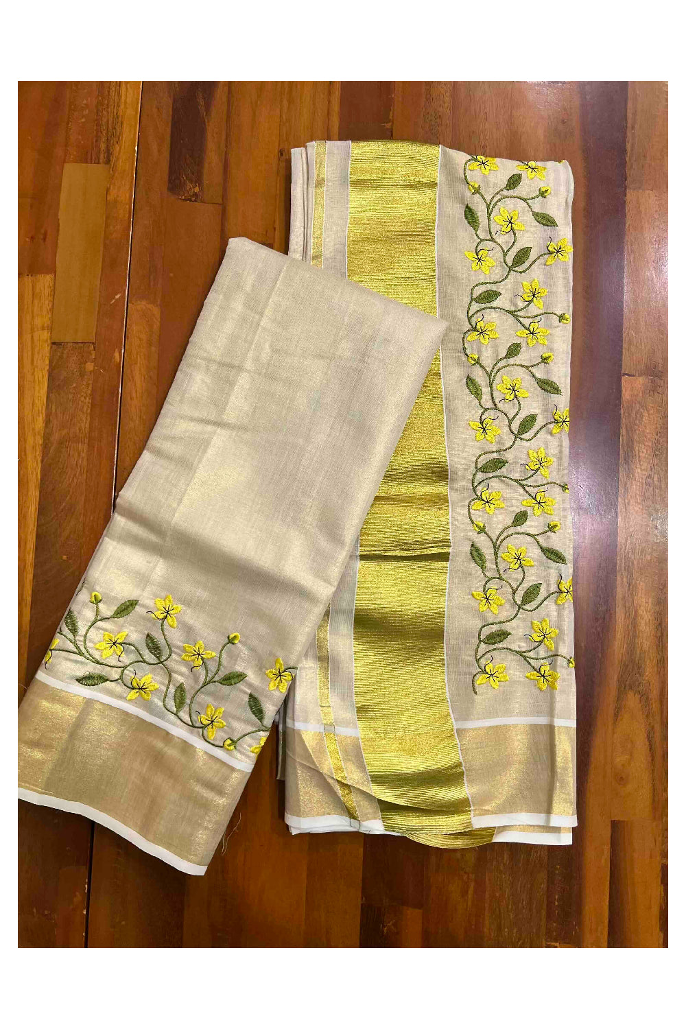 Southloom Tissue Single Set Mundu (Mundum Neriyathum with Floral Embroidery on Kasavu Border - 2.80Mtrs