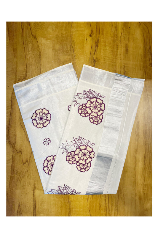 Southloom Kerala Siver Tissue Saree with Violet Flower Embroidery Work