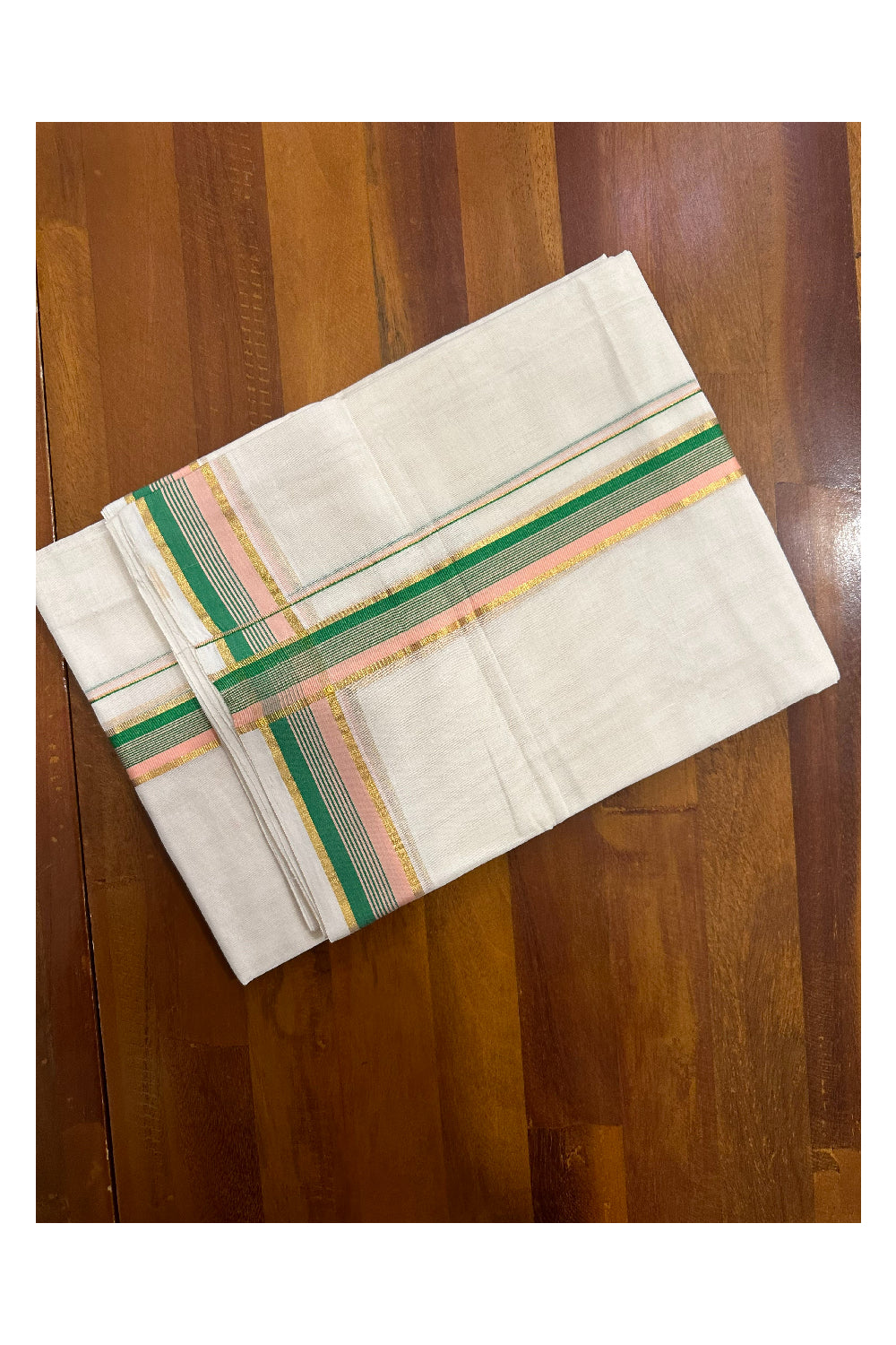 Southloom Premium Handloom Mundu with Green Peach and Kasavu Kara (Onam Mundu 2023)