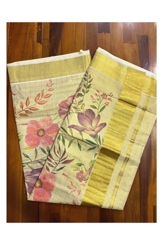 Kerala Tissue Kasavu Check Design Saree with Pink And Violet Floral Prints on Body (Vishu 2024 Collection)