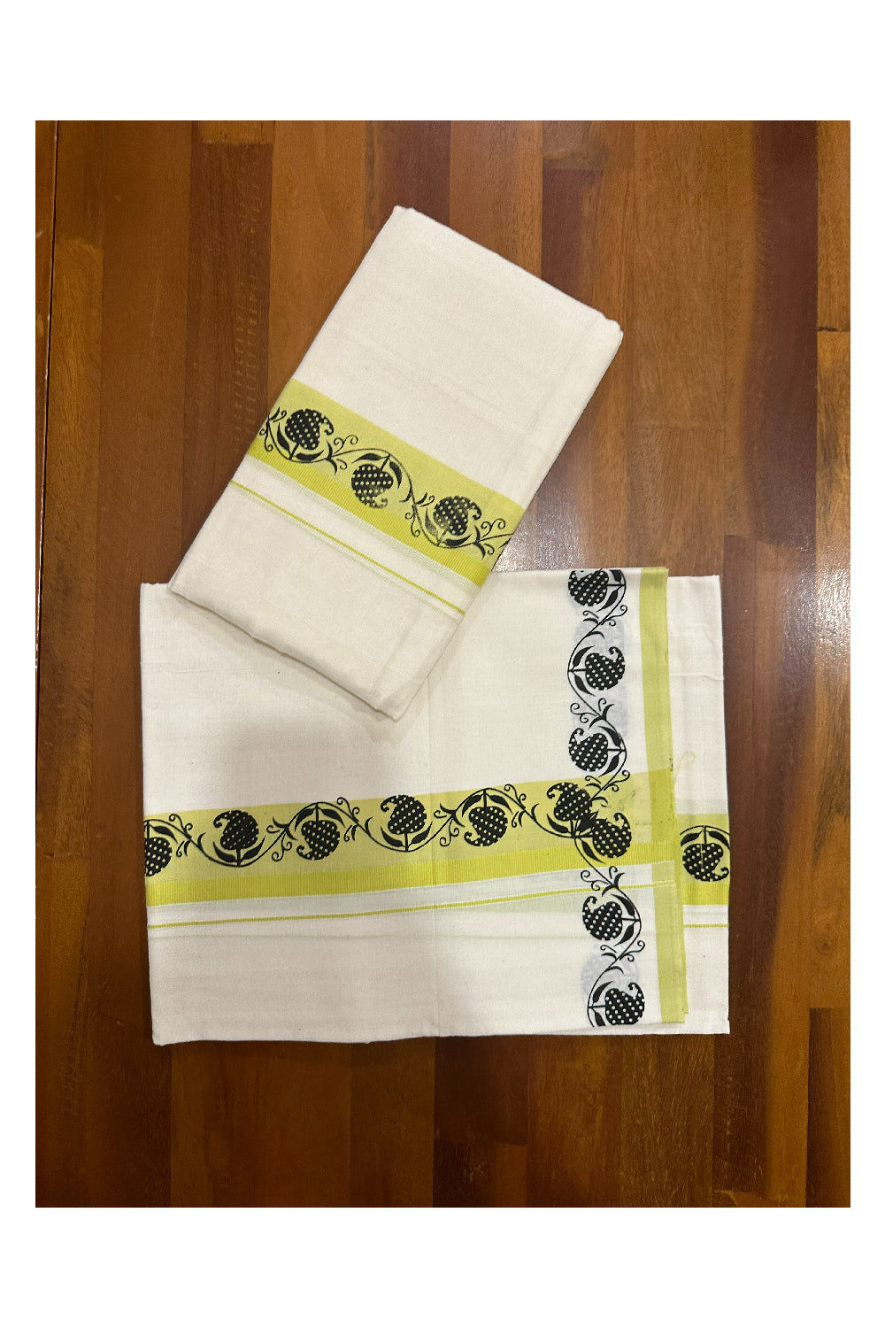 Kerala Cotton Set Mundu (Mundum Neriyathum) with Block Prints on Light Green Border (Onam Set Mundu 2023)