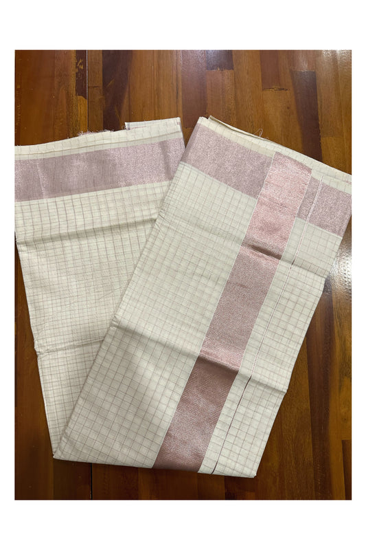 Pure Cotton Kerala Rose Copper Kasavu Checks Design Saree