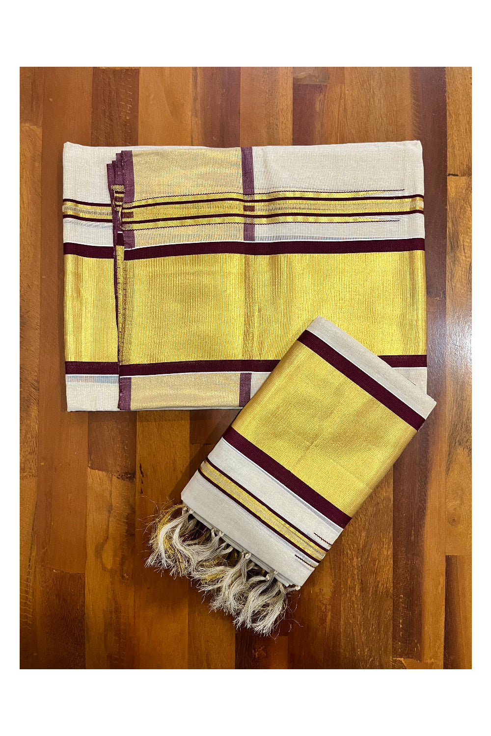 Southloom Handloom Premium Tissue Set Mundu (Mundum Neriyathum) with Maroon and Kasavu Border