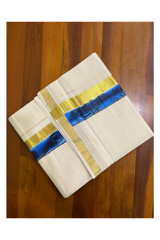 Kerala Pure Cotton Double Mundu with Hand Painted Designs on Kasavu Border(South Indian Kerala Dhoti)