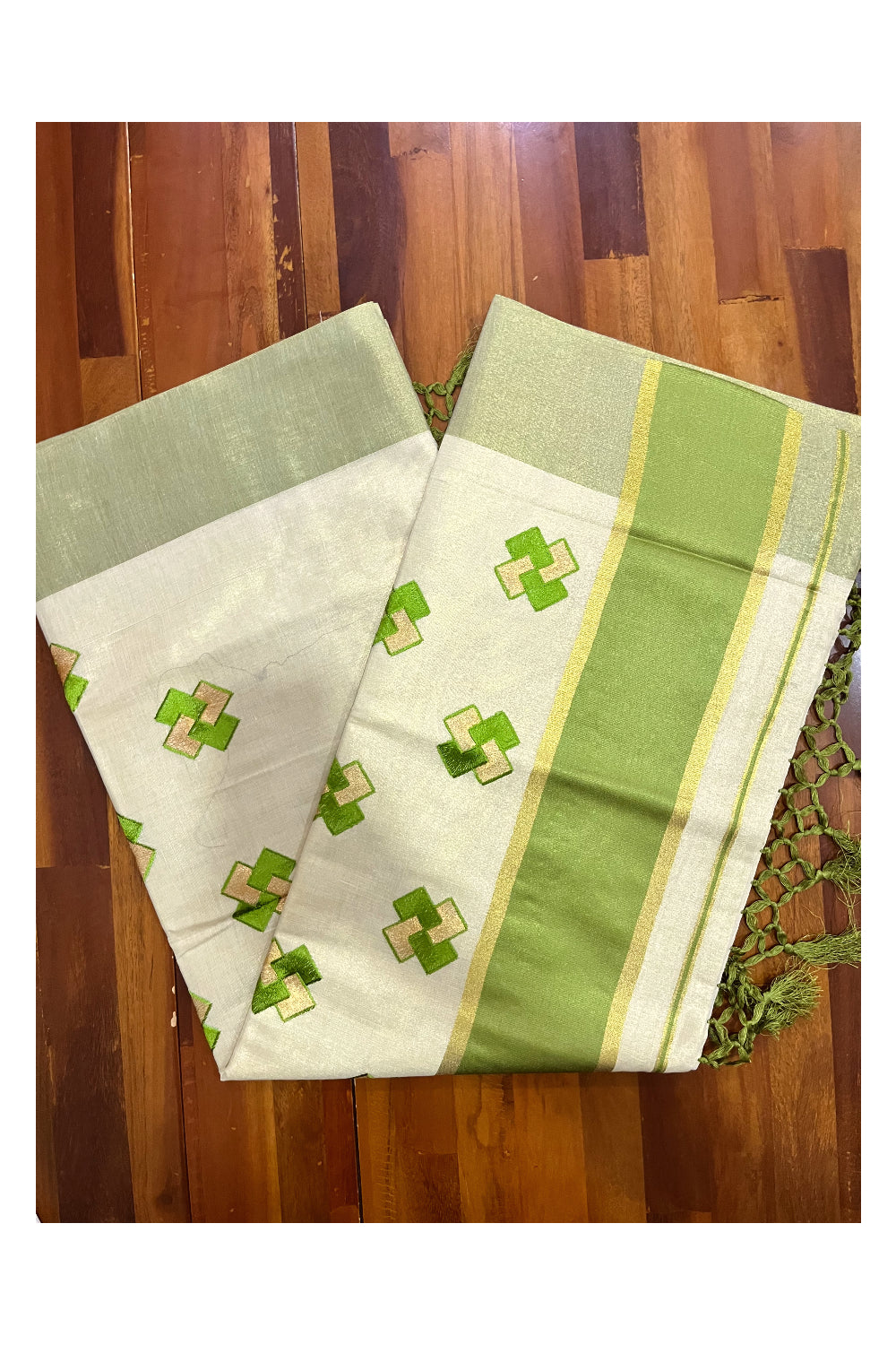 Kerala Tissue Kasavu Saree With Olive Green Border and Embroidered Designs on Body