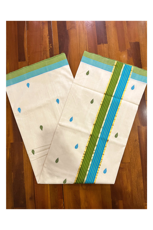 Southloom Premium Balaramapuram Unakkupaavu Handloom Cotton Butta Saree with Blue Green and Kasavu Border