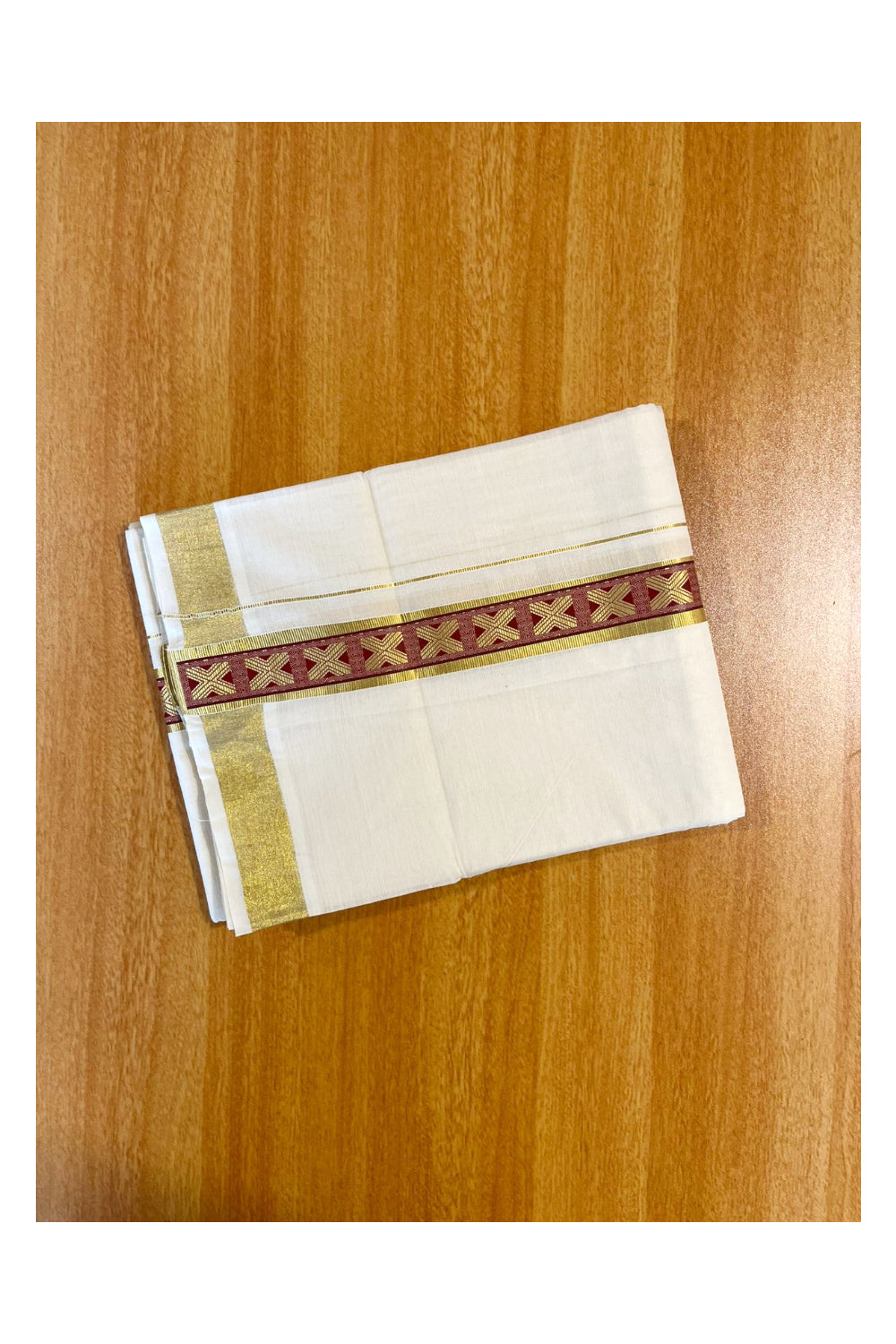 Southloom Kasavu Double Mundu with Maroon Prints Along Kasavu Kara