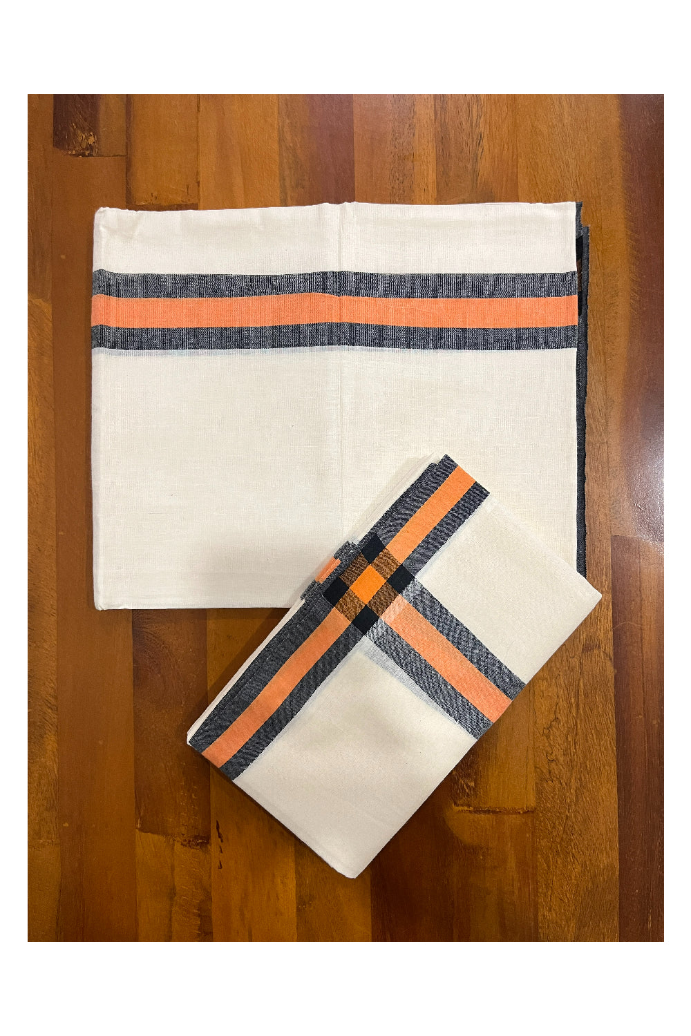 Kerala Cotton Mulloth Single Set Mundu (Mundum Neriyathum) with Orange and Black Border (Extra Soft Cotton) 2.80 Mtrs