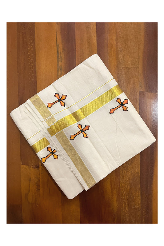 Off White Pure Cotton Double Mundu with Cross Mural Painted Design on Kasavu Kara (South Indian Dhoti)