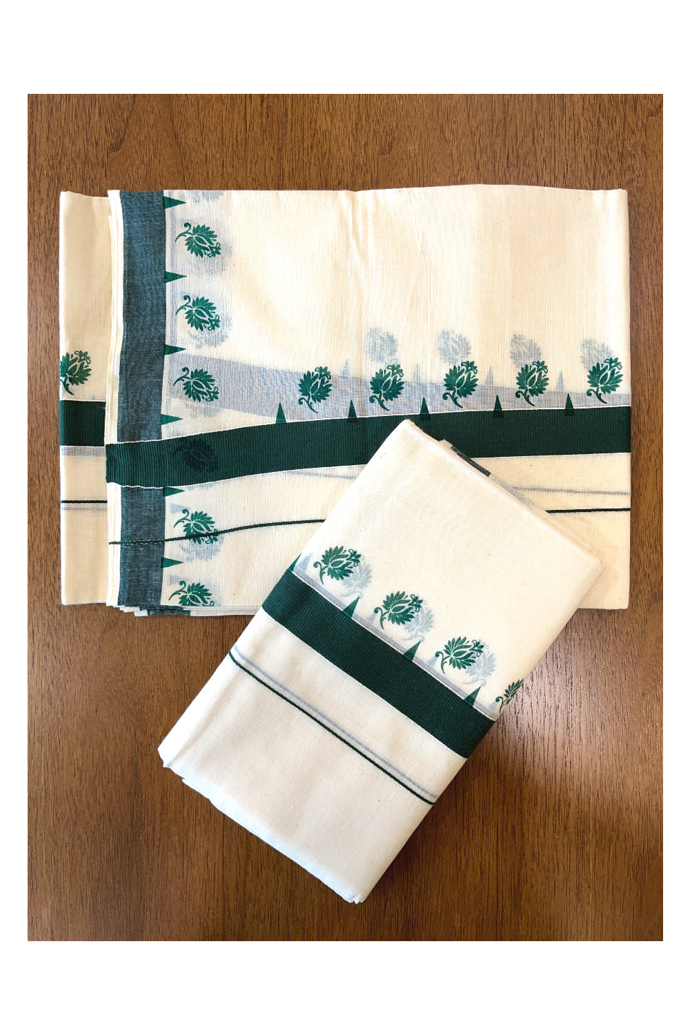 Cotton Single Set Mundu (Mundu Neriyathum) with Floral Block Prints on Green Border 2.80 Mtrs