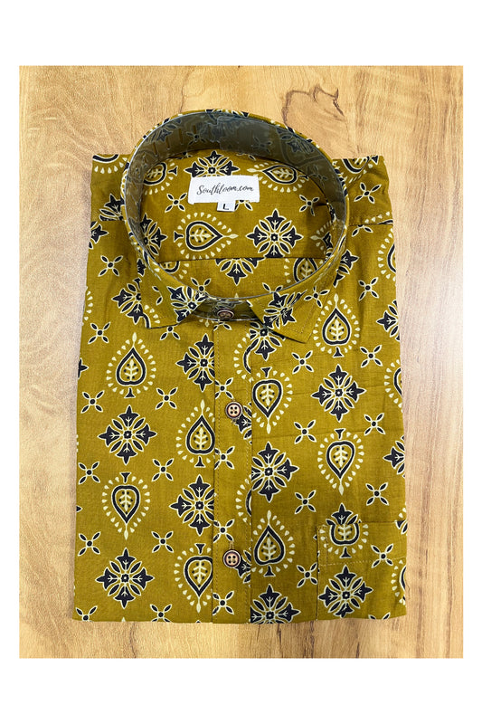 Southloom Jaipur Cotton Olive Green Hand Block Printed Shirt (Full Sleeves)