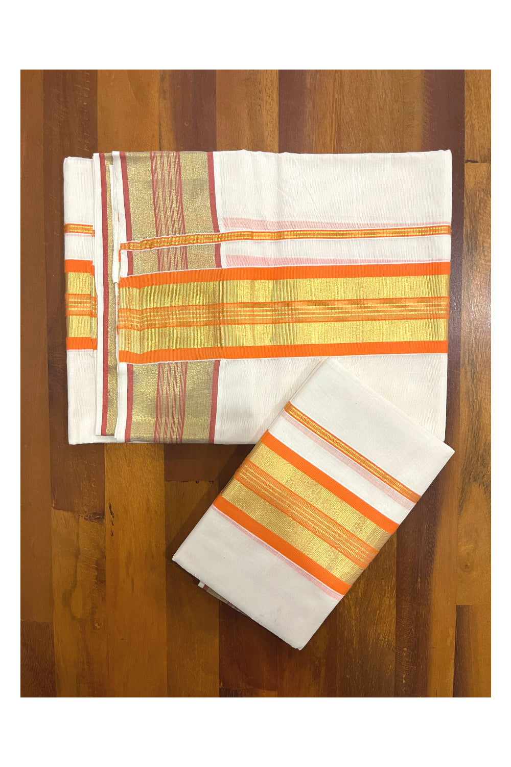 Pure Cotton Kerala Onam 2023 Set Mundu (Mundum Neriyathum) Single with Orange and Kasavu Border 2.80 Mtrs