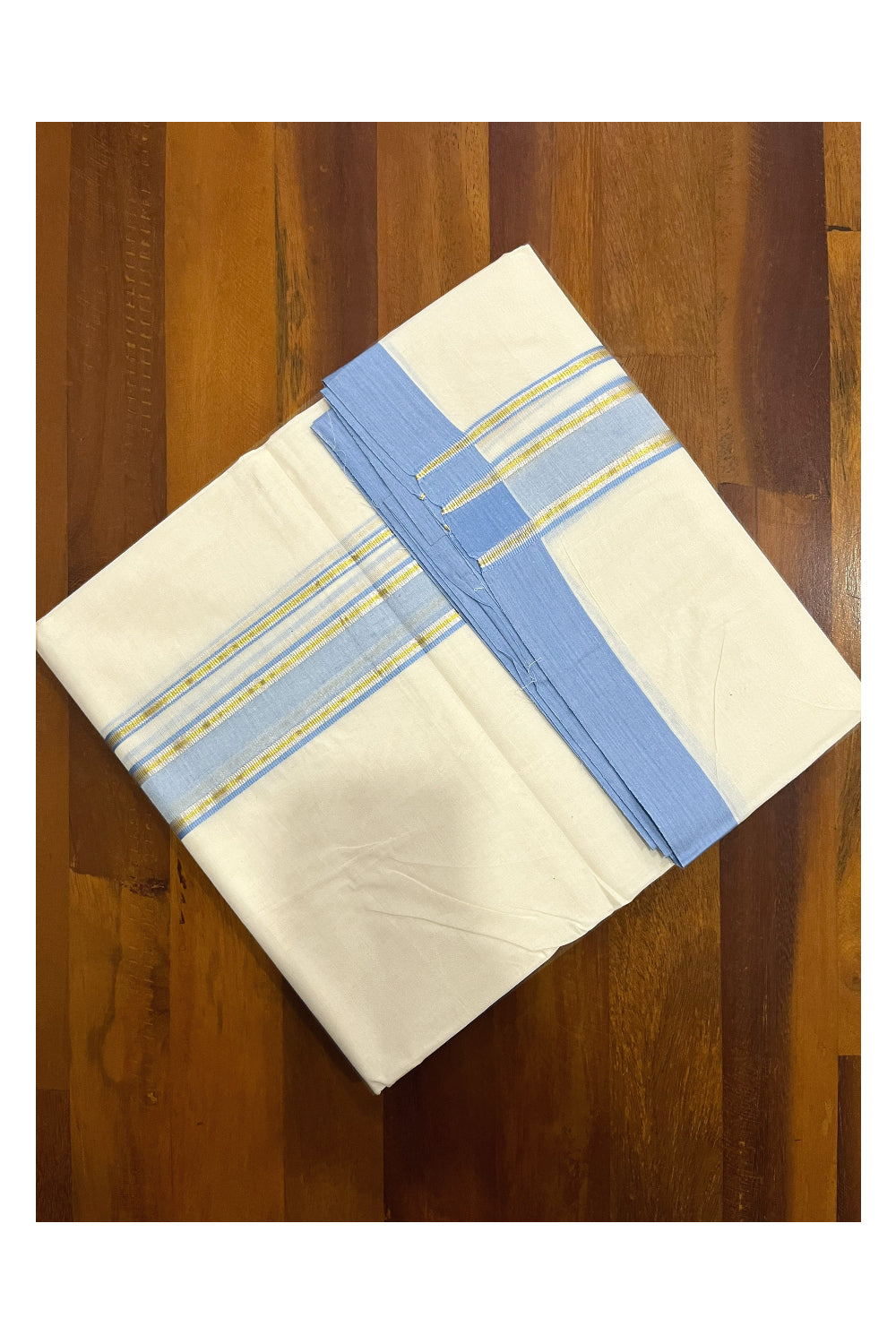 Pure Cotton 100x100 Double Mundu with Silver Golden Kasavu and Blue Kara (Onam Mundu 2023)