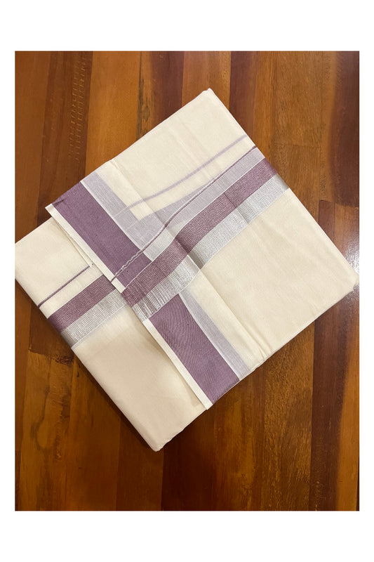 Kerala Cotton Double Mundu with Purple and Silver Kasavu Border (Onam Mundu 2023)