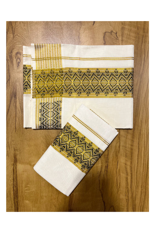 Kerala Pure Cotton Set Mundu Single (Mundum Neriyathum) with Black Block Prints on Kasavu Border 2.80Mtrs