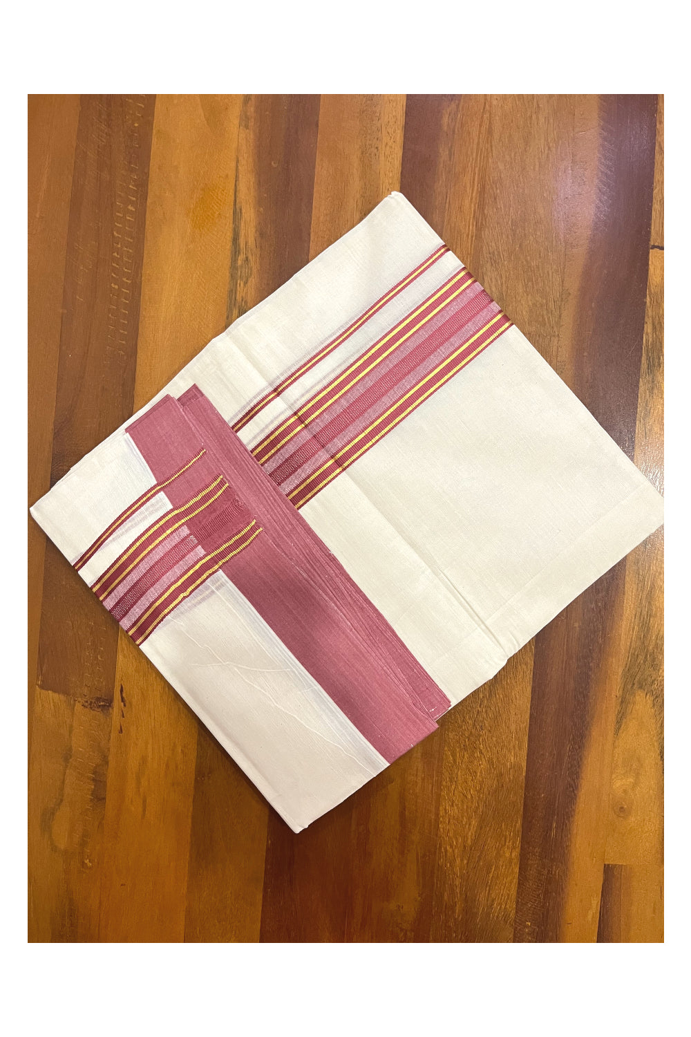 Pure Cotton 100x100 Double Mundu with Kasavu and Red Kara (Onam Mundu 2023)