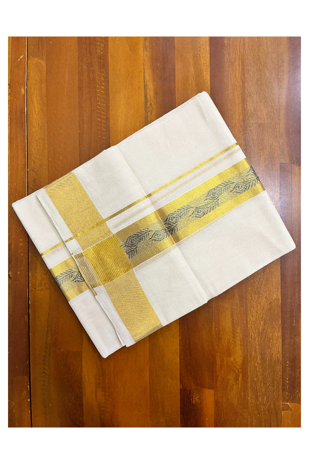 Southloom Premium Handloom Pure Cotton Mundu with Golden and Blue Kasavu Woven Border (Vishu 2024 Collection)