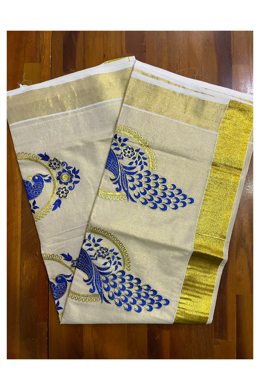 Kerala Tissue Blue and Golden Peacock Embroidery Work Kasavu Saree (Vishu 2024 Collection)
