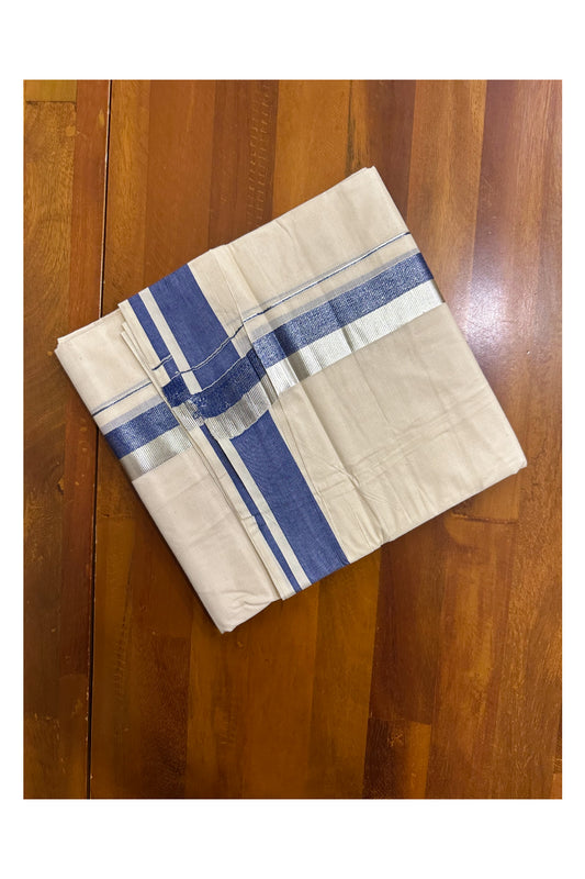 Kerala Pure Cotton Off White Double Mundu with Silver Kasavu And Blue Kara (South Indian Kerala Dhoti)