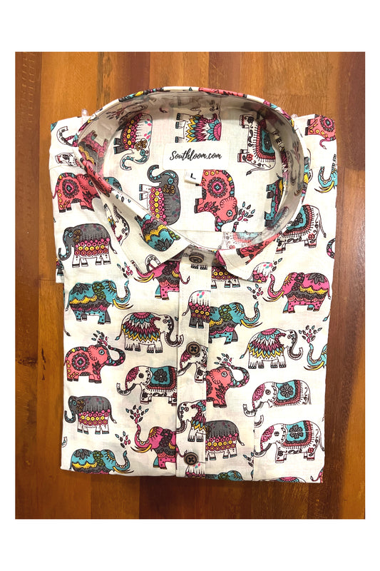 Southloom Jaipur Cotton White Shirt with Multi Colour Elephant Hand Block Printed Design (Full Sleeves)